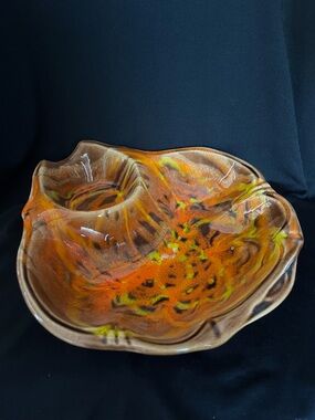 Glazed Ceramic Serving Bowl in Orange and Brown.  70’s MCM chip and dip
